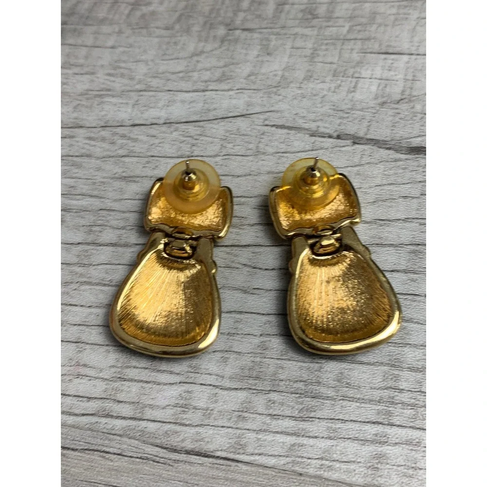 Vintage Gold Tone Black Enamel Door Knocker Drop Earrings Articulated Statement